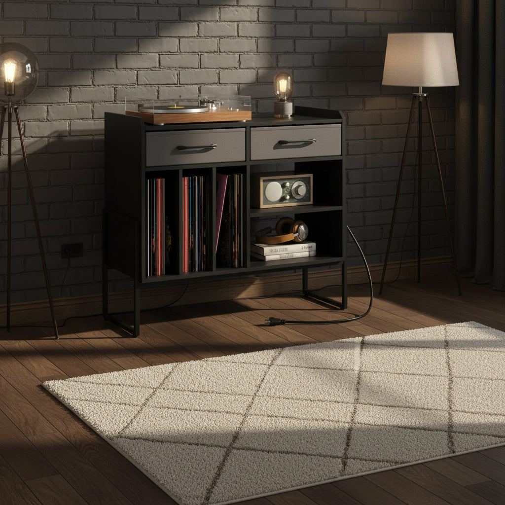Costway Large Record Player Stand with Charging Station, 2 Fabric Drawers, Adjustable Shelf Rustic Brown & Gray/Black/White