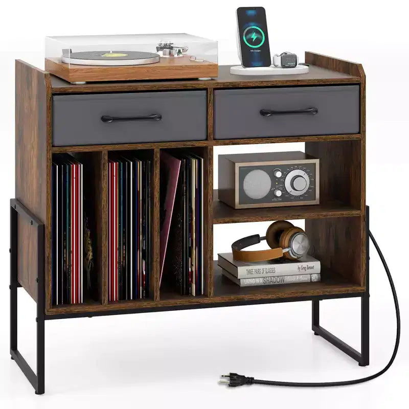 Large Record Player Stand with Charging Station, 2 Fabric Drawers, Adjustable Shelf Rustic Brown & Gray/Black/White