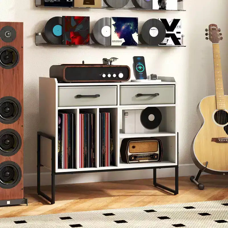 Large Record Player Stand with Charging Station, 2 Fabric Drawers, Adjustable Shelf Rustic Brown & Gray/Black/White