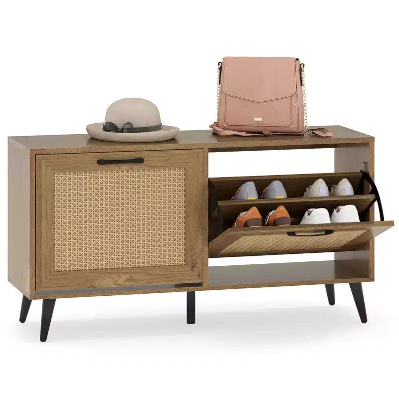 Costway Rattan Shoe Storage Cabinet with 2 Flip Drawers Adjustable Shelves Solid Metal Legs Natural