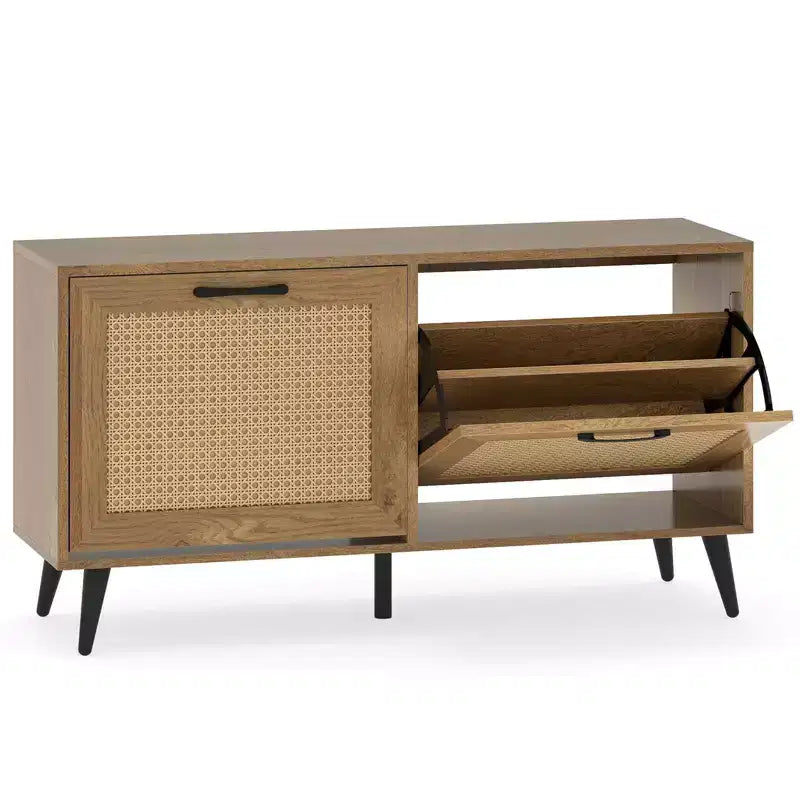 Rattan Shoe Storage Cabinet with 2 Flip Drawers Adjustable Shelves Solid Metal Legs Natural