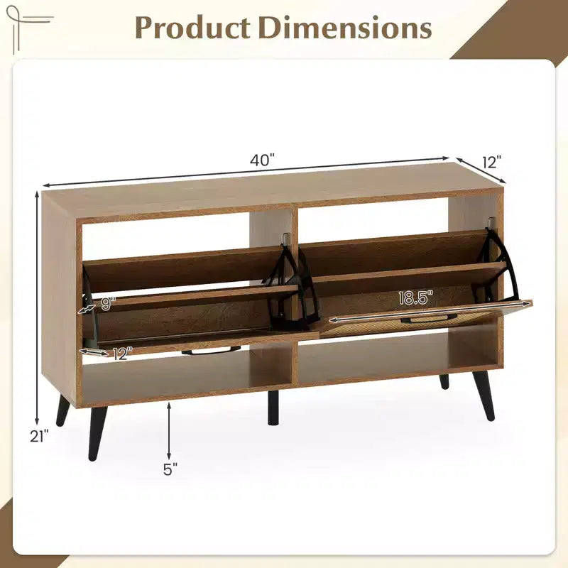 Rattan Shoe Storage Cabinet with 2 Flip Drawers Adjustable Shelves Solid Metal Legs Natural