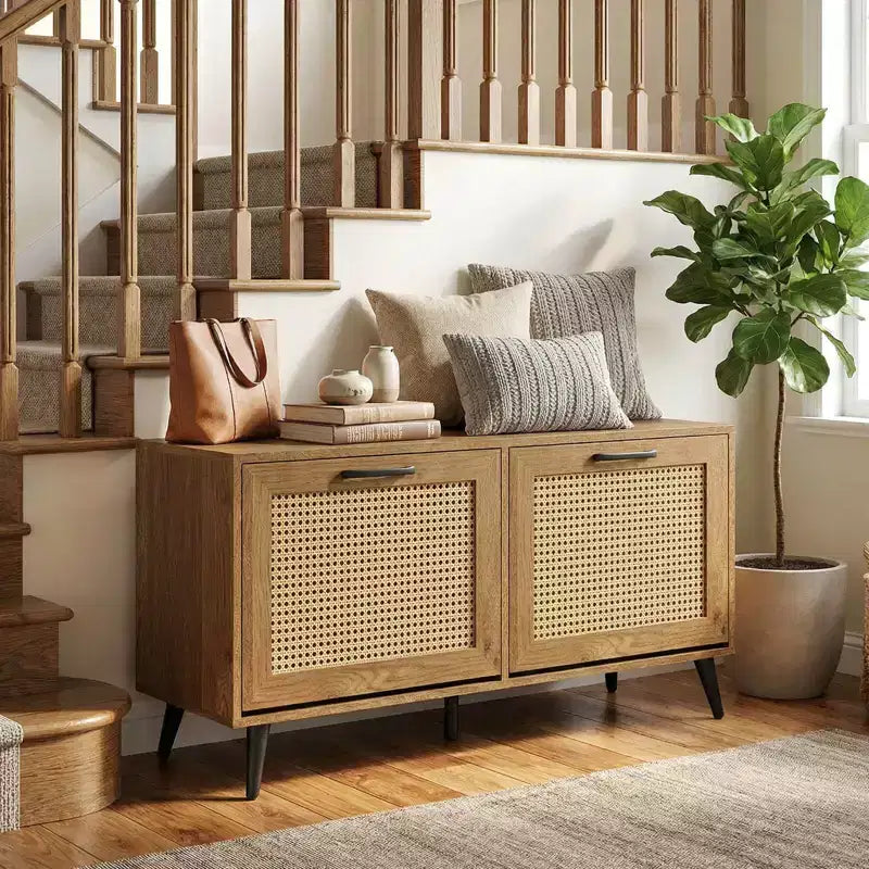 Rattan Shoe Storage Cabinet with 2 Flip Drawers Adjustable Shelves Solid Metal Legs Natural