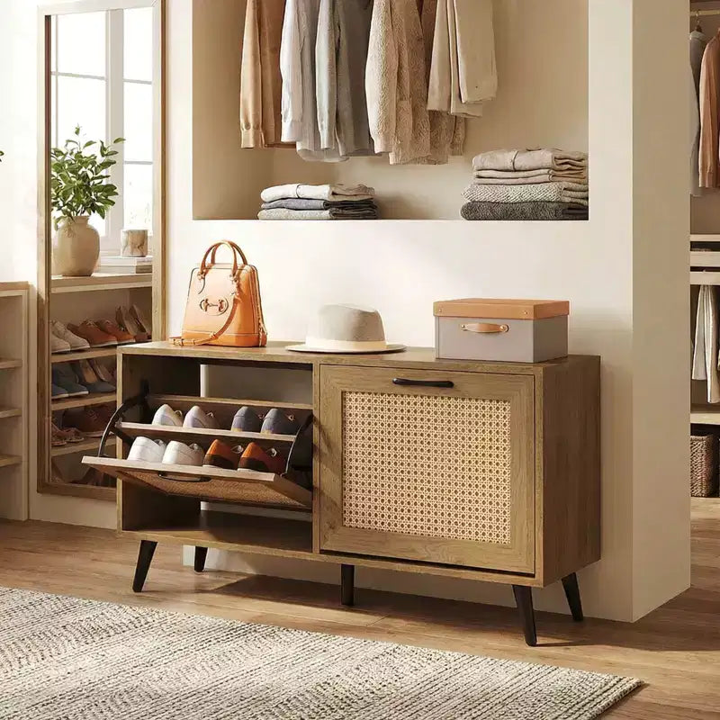 Rattan Shoe Storage Cabinet with 2 Flip Drawers Adjustable Shelves Solid Metal Legs Natural