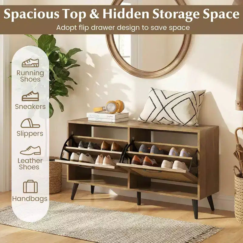 Rattan Shoe Storage Cabinet with 2 Flip Drawers Adjustable Shelves Solid Metal Legs Natural