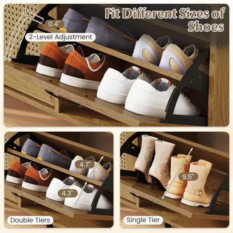 Rattan Shoe Storage Cabinet with 2 Flip Drawers Adjustable Shelves Solid Metal Legs Natural