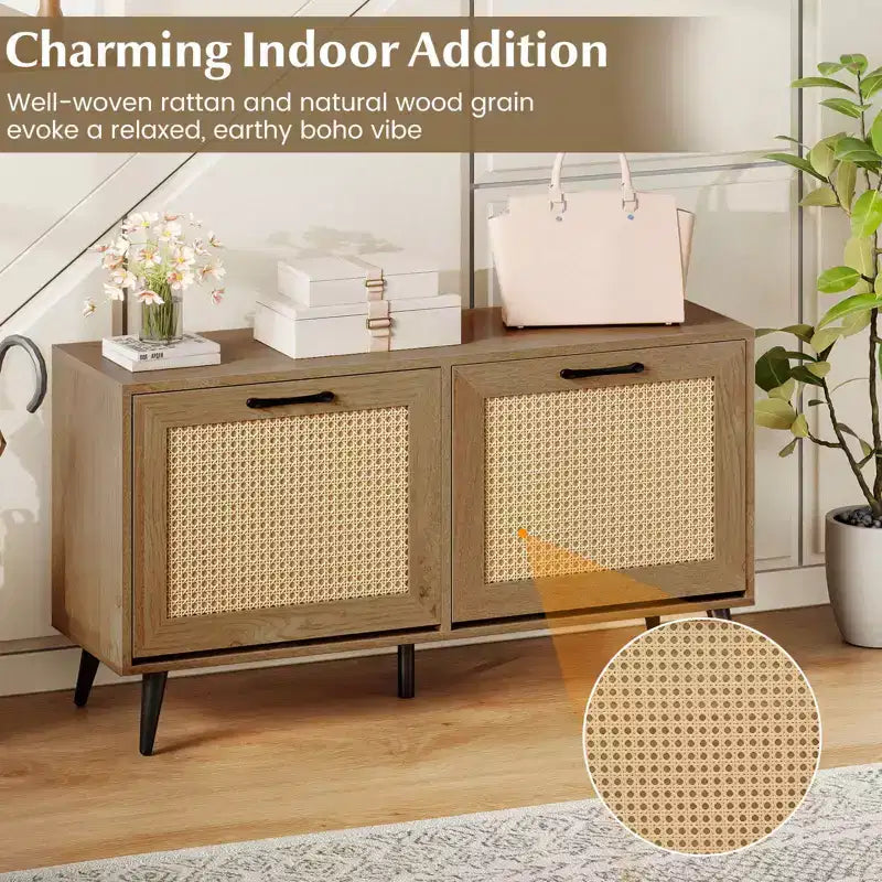 Rattan Shoe Storage Cabinet with 2 Flip Drawers Adjustable Shelves Solid Metal Legs Natural