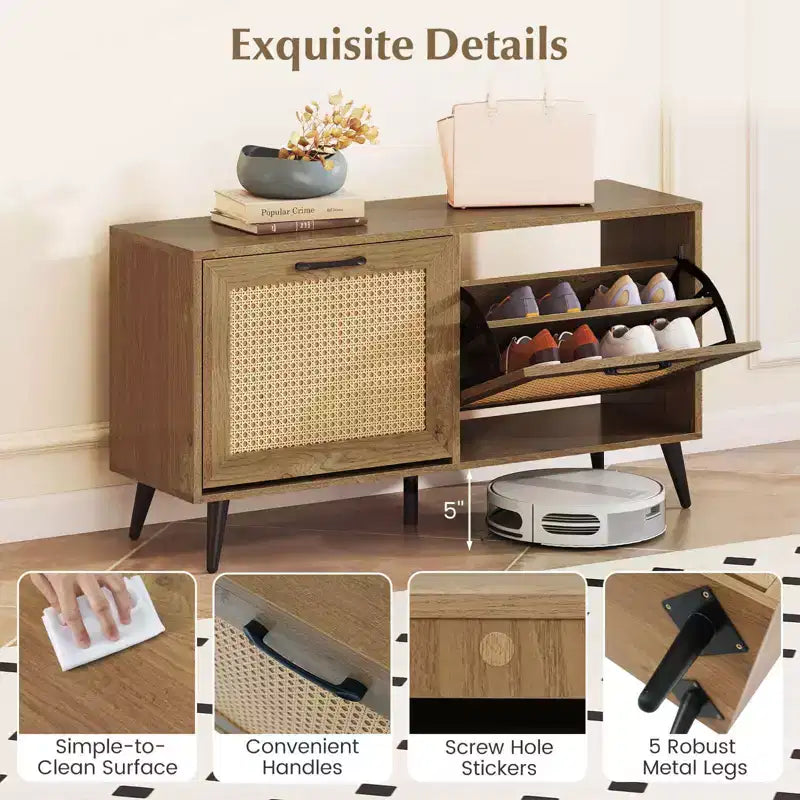 Rattan Shoe Storage Cabinet with 2 Flip Drawers Adjustable Shelves Solid Metal Legs Natural
