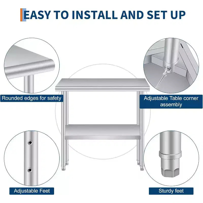 24x36 Inch Stainless Steel Prep Table, 2-Tier Heavy Duty Work Table with Adjustable Undershelf for Kitchen, NSF Certified