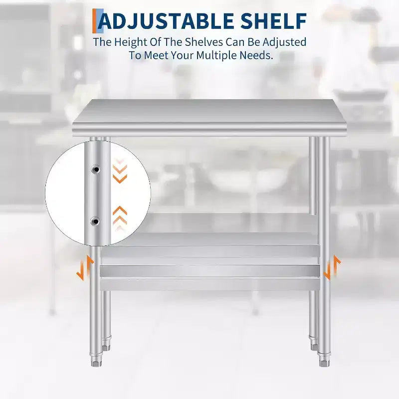 24x36 Inch Stainless Steel Prep Table, 2-Tier Heavy Duty Work Table with Adjustable Undershelf for Kitchen, NSF Certified