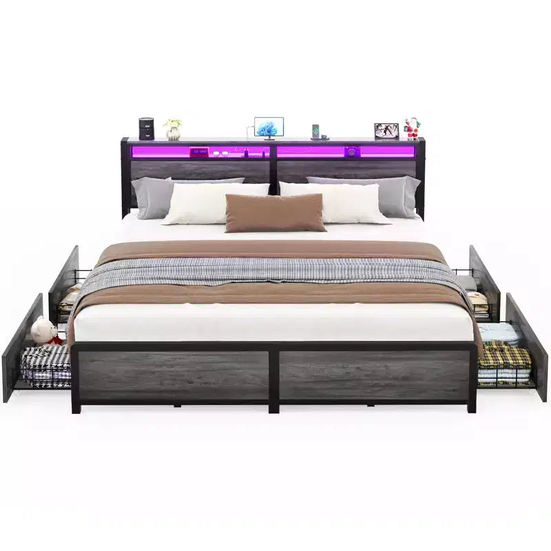 Platform Bed Frame with Storage Drawers, Charging Station and RGB LED Headboard