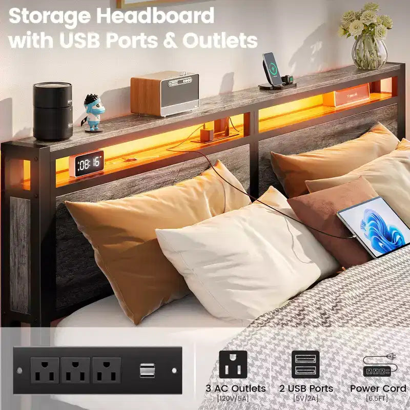Platform Bed Frame with Storage Drawers, Charging Station and RGB LED Headboard