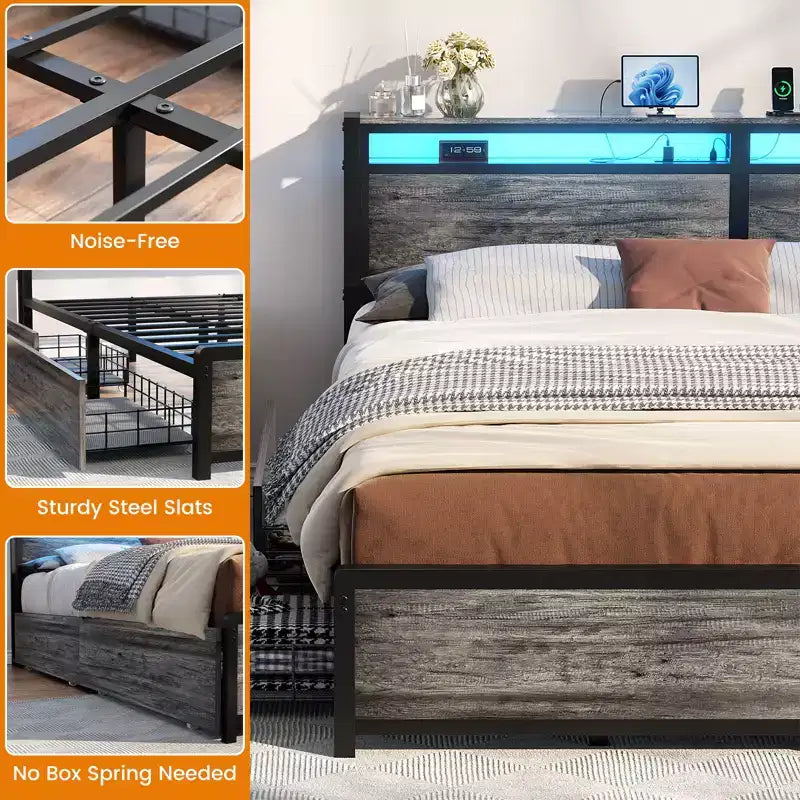 Platform Bed Frame with Storage Drawers, Charging Station and RGB LED Headboard