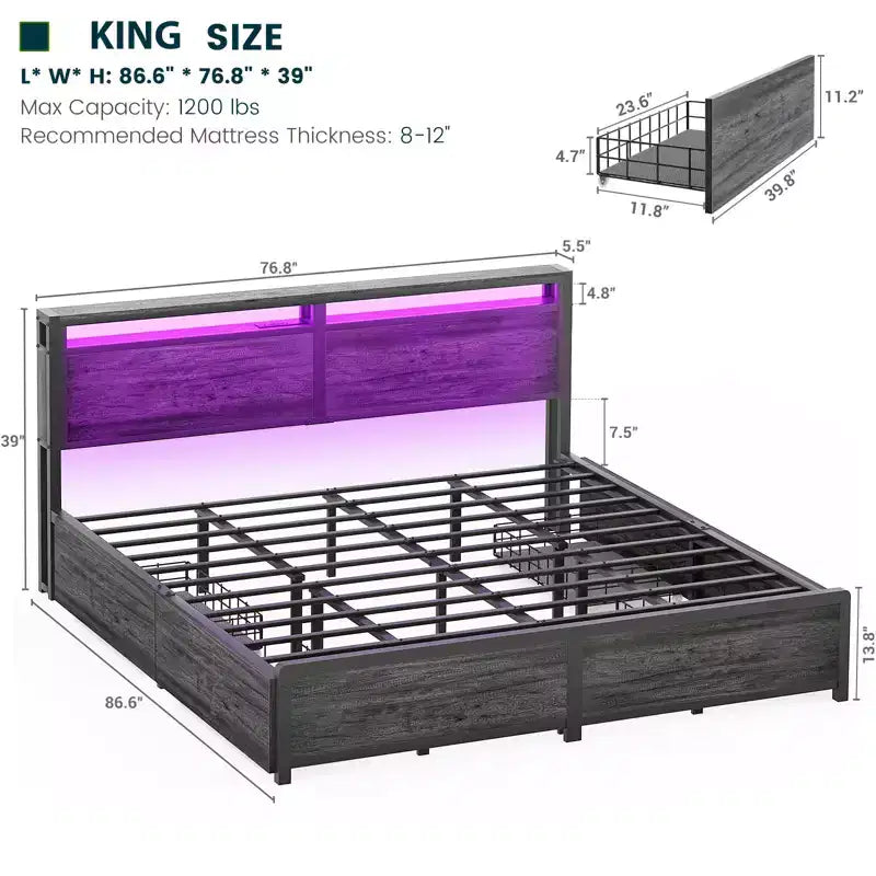 Platform Bed Frame with Storage Drawers, Charging Station and RGB LED Headboard