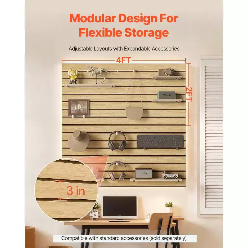 4x4ft MDF Garage Slat Wall Paneling with Modular Design, Natural Finish, Easy-to-Install Adjustable Slatwall Panel