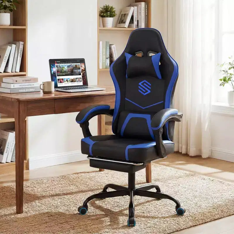 Gaming Chair with Headrest, Lumbar Support, Linkage Armrests and Reclining Backrest, Black and White
