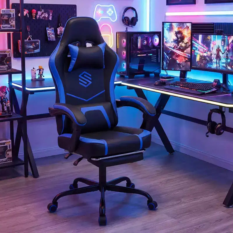 Gaming Chair with Headrest, Lumbar Support, Linkage Armrests and Reclining Backrest, Black and White