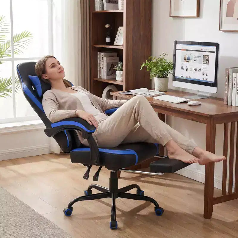 Gaming Chair with Headrest, Lumbar Support, Linkage Armrests and Reclining Backrest, Black and White