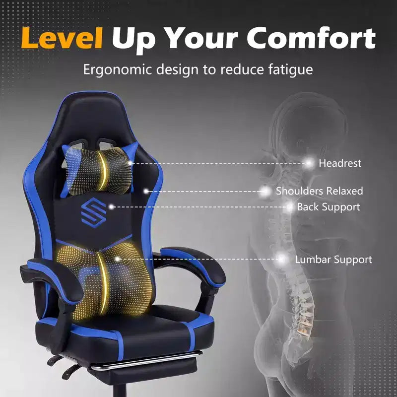 Gaming Chair with Headrest, Lumbar Support, Linkage Armrests and Reclining Backrest, Black and White