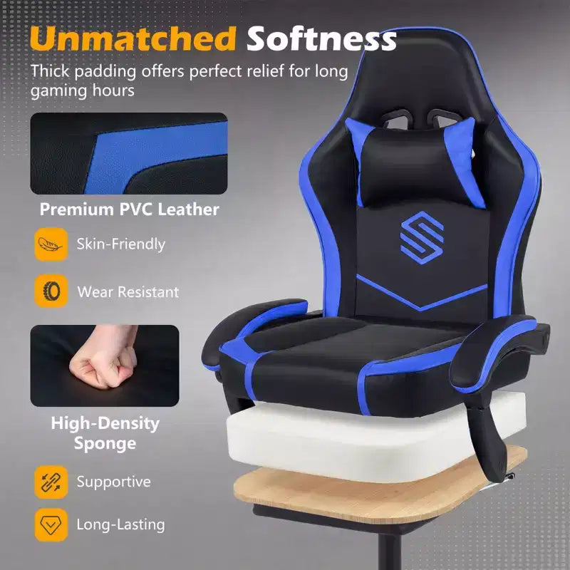 Gaming Chair with Headrest, Lumbar Support, Linkage Armrests and Reclining Backrest, Black and White