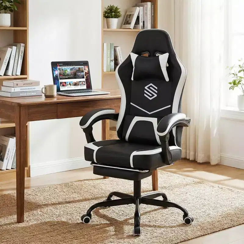 Gaming Chair with Headrest, Lumbar Support, Linkage Armrests and Reclining Backrest, Black and White
