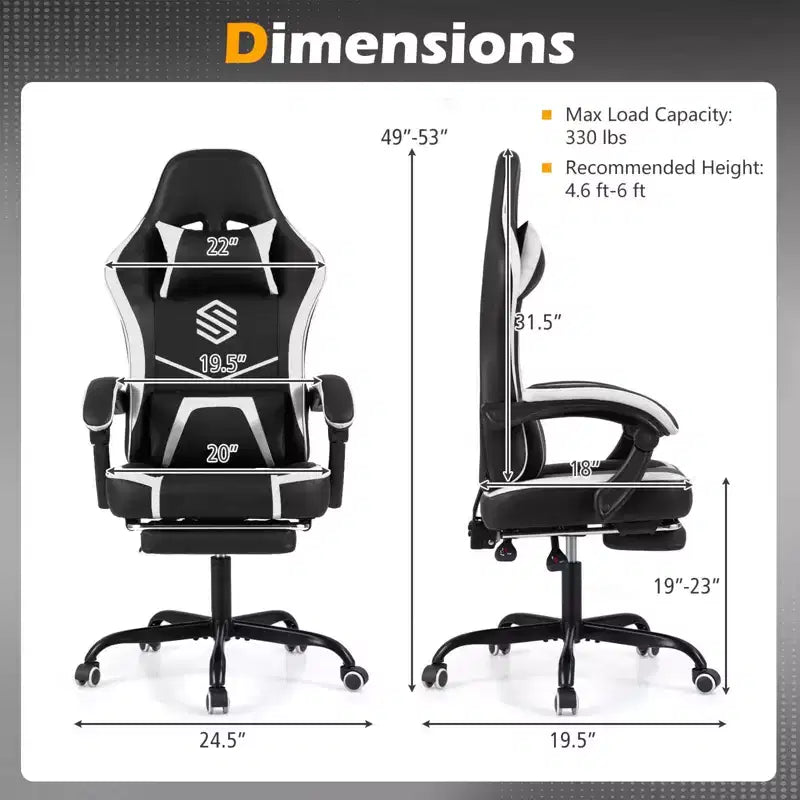 Gaming Chair with Headrest, Lumbar Support, Linkage Armrests and Reclining Backrest, Black and White