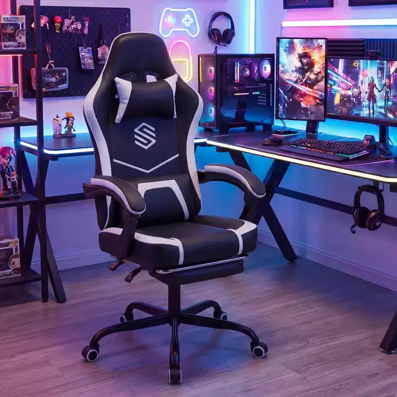 Gaming Chair with Headrest, Lumbar Support, Linkage Armrests and Reclining Backrest, Black and White