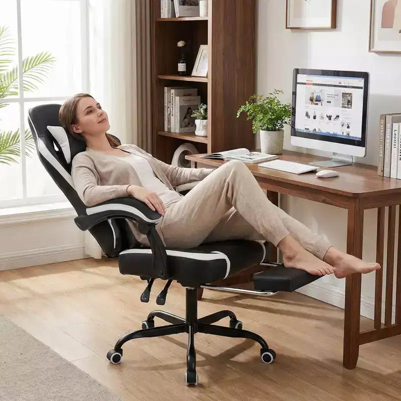 Gaming Chair with Headrest, Lumbar Support, Linkage Armrests and Reclining Backrest, Black and White