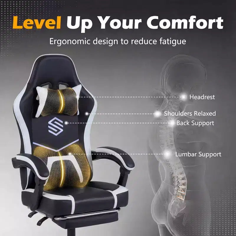 Gaming Chair with Headrest, Lumbar Support, Linkage Armrests and Reclining Backrest, Black and White
