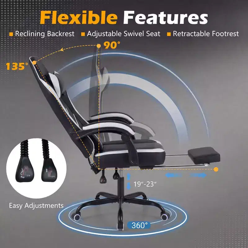 Gaming Chair with Headrest, Lumbar Support, Linkage Armrests and Reclining Backrest, Black and White