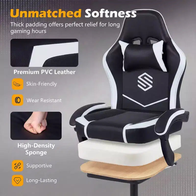Gaming Chair with Headrest, Lumbar Support, Linkage Armrests and Reclining Backrest, Black and White