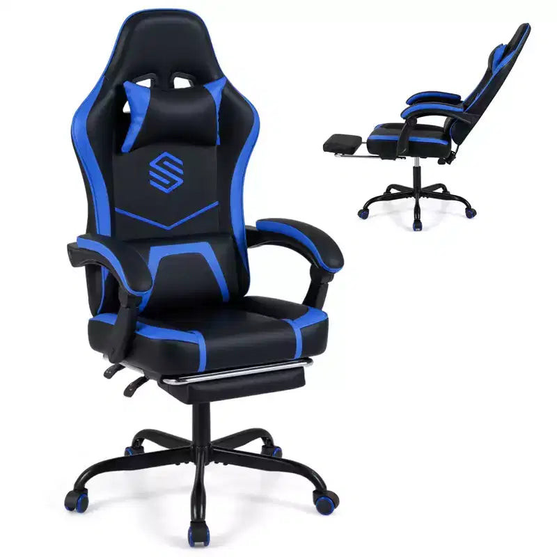 Gaming Chair with Headrest, Lumbar Support, Linkage Armrests and Reclining Backrest, Black and White