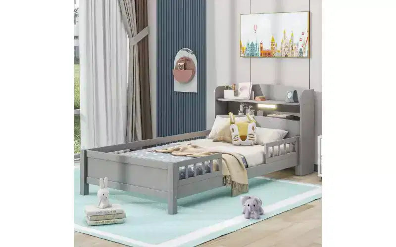 Twin Size Bed Frame, Platform Bed with LED Storage Headboard and Safety Guardrails, Bookcase Storage Bed