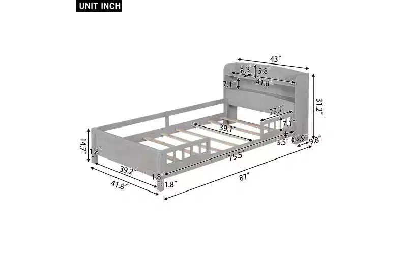 Twin Size Bed Frame, Platform Bed with LED Storage Headboard and Safety Guardrails, Bookcase Storage Bed