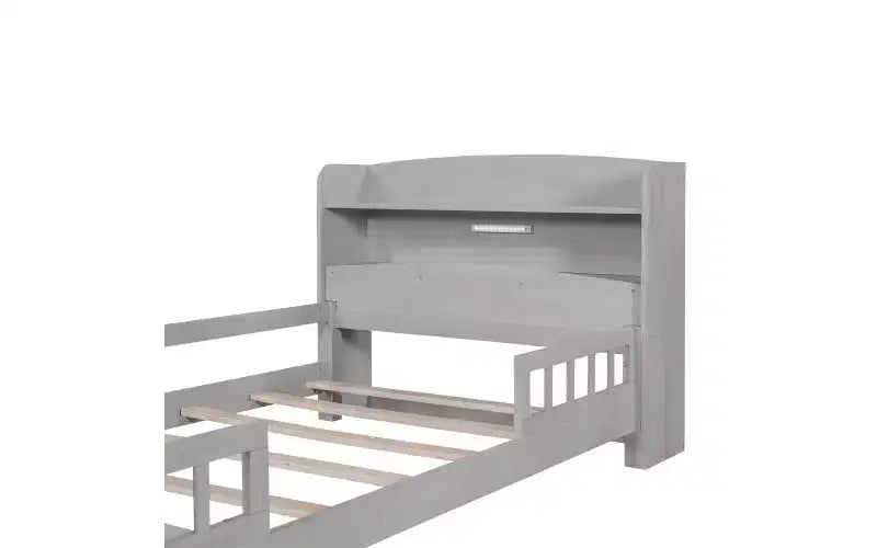 Twin Size Bed Frame, Platform Bed with LED Storage Headboard and Safety Guardrails, Bookcase Storage Bed