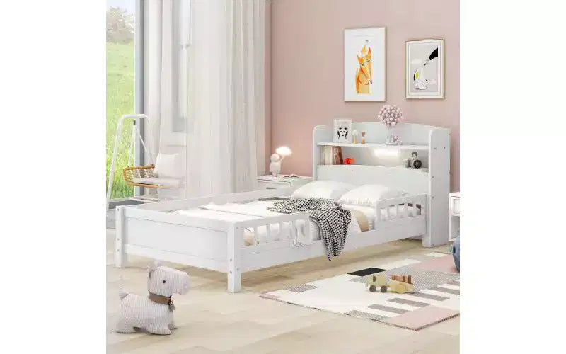 Twin Size Bed Frame, Platform Bed with LED Storage Headboard and Safety Guardrails, Bookcase Storage Bed