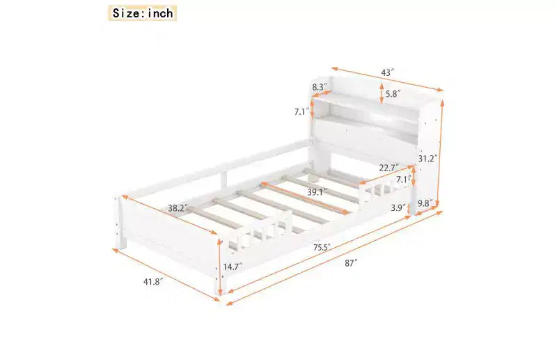 Twin Size Bed Frame, Platform Bed with LED Storage Headboard and Safety Guardrails, Bookcase Storage Bed