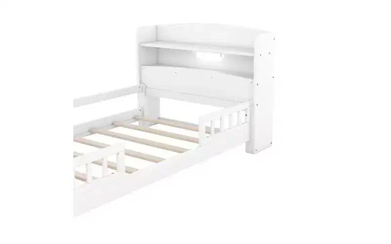 Twin Size Bed Frame, Platform Bed with LED Storage Headboard and Safety Guardrails, Bookcase Storage Bed