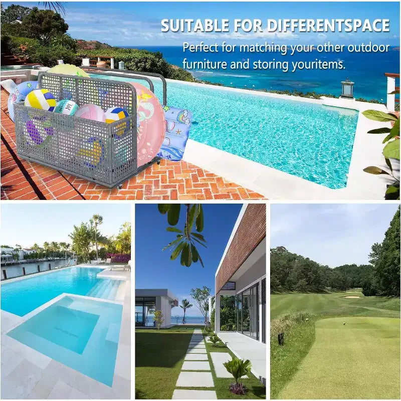 Pool Storage Bin with PE Rattan, Pool Organizer for Cushions & Floaties