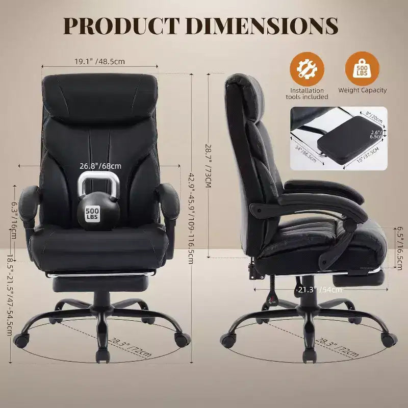 Ergonomic High Back Computer Gaming Chair, Wide Heavy Duty Task Desk Chair, PU Leather, 500 lbs