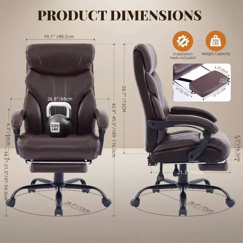 Ergonomic High Back Computer Gaming Chair, Wide Heavy Duty Task Desk Chair, PU Leather, 500 lbs
