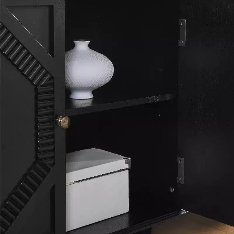 34" Retro Mid-Century Cabinet, Black MDF with Adjustable Shelf & Brass Handles, Multi-Scene Use
