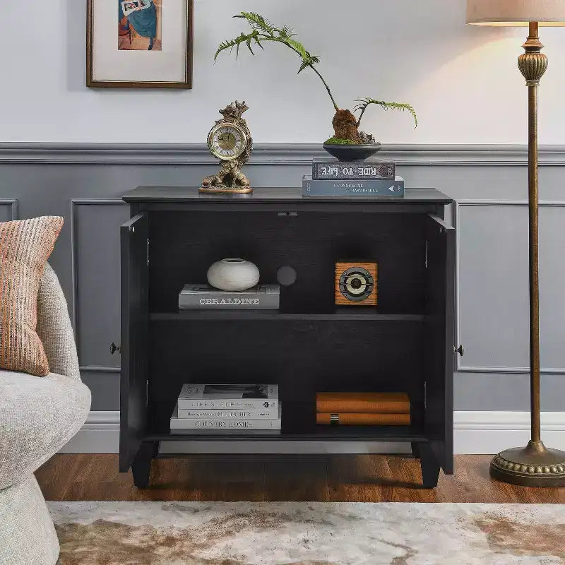 34" Retro Mid-Century Cabinet, Black MDF with Adjustable Shelf & Brass Handles, Multi-Scene Use