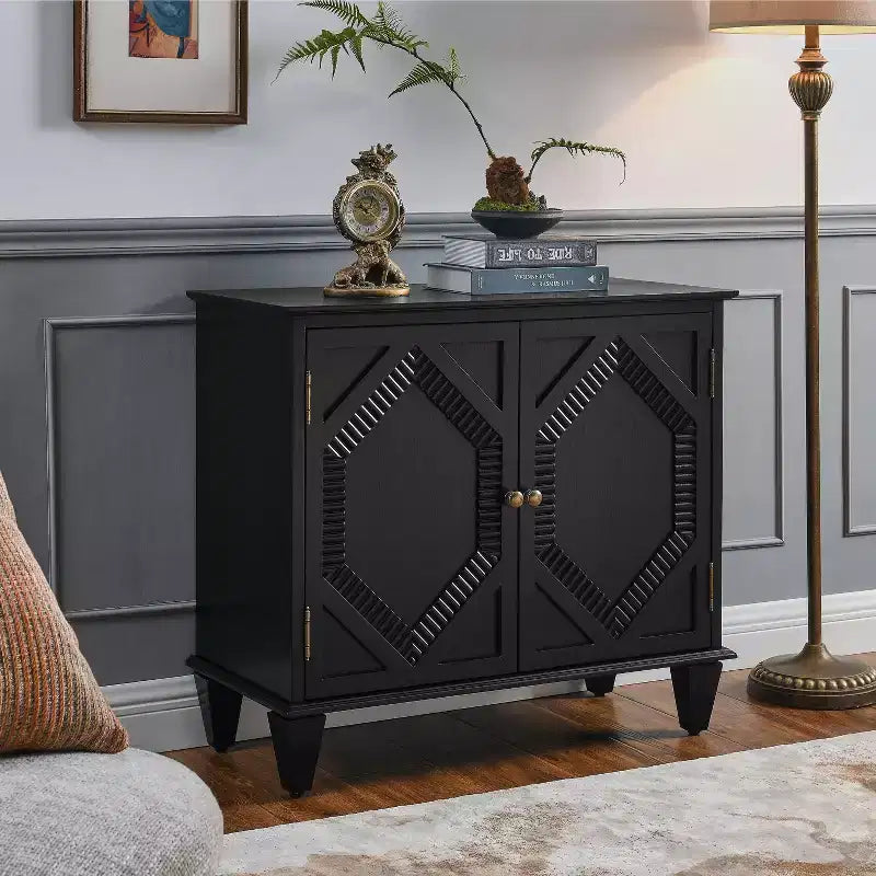 34" Retro Mid-Century Cabinet, Black MDF with Adjustable Shelf & Brass Handles, Multi-Scene Use
