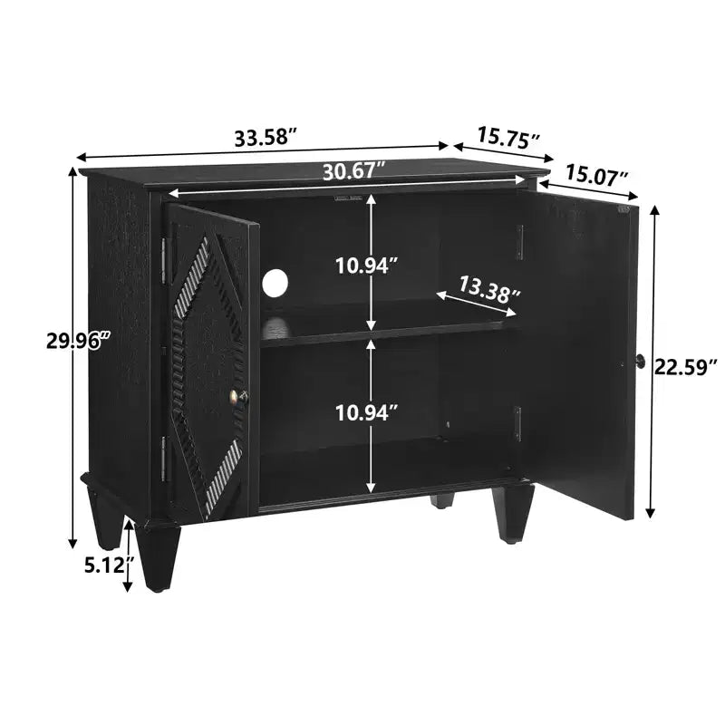 34" Retro Mid-Century Cabinet, Black MDF with Adjustable Shelf & Brass Handles, Multi-Scene Use