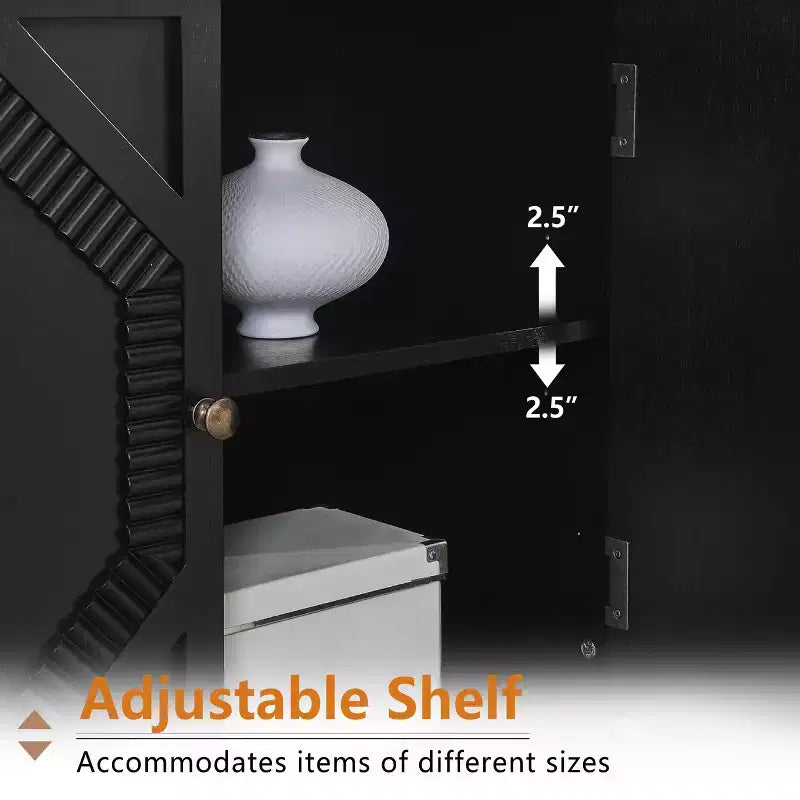 34" Retro Mid-Century Cabinet, Black MDF with Adjustable Shelf & Brass Handles, Multi-Scene Use