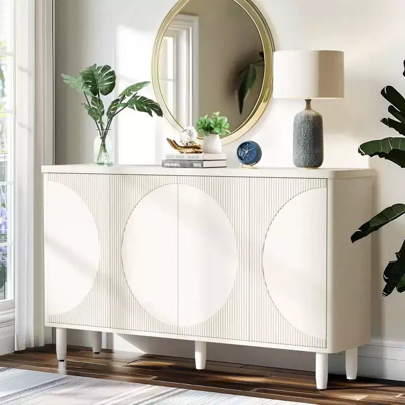 Modern White Sideboard Buffet Cabinet, Semicircle Design, 4-Tier Storage with Anti-Tip Device for Living Room & Kitchen