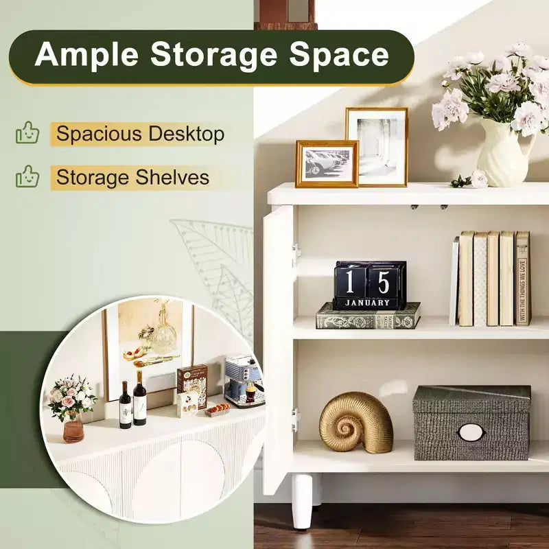 Modern White Sideboard Buffet Cabinet, Semicircle Design, 4-Tier Storage with Anti-Tip Device for Living Room & Kitchen