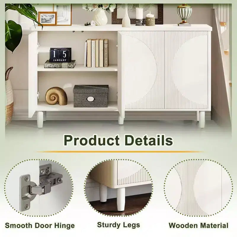 Modern White Sideboard Buffet Cabinet, Semicircle Design, 4-Tier Storage with Anti-Tip Device for Living Room & Kitchen