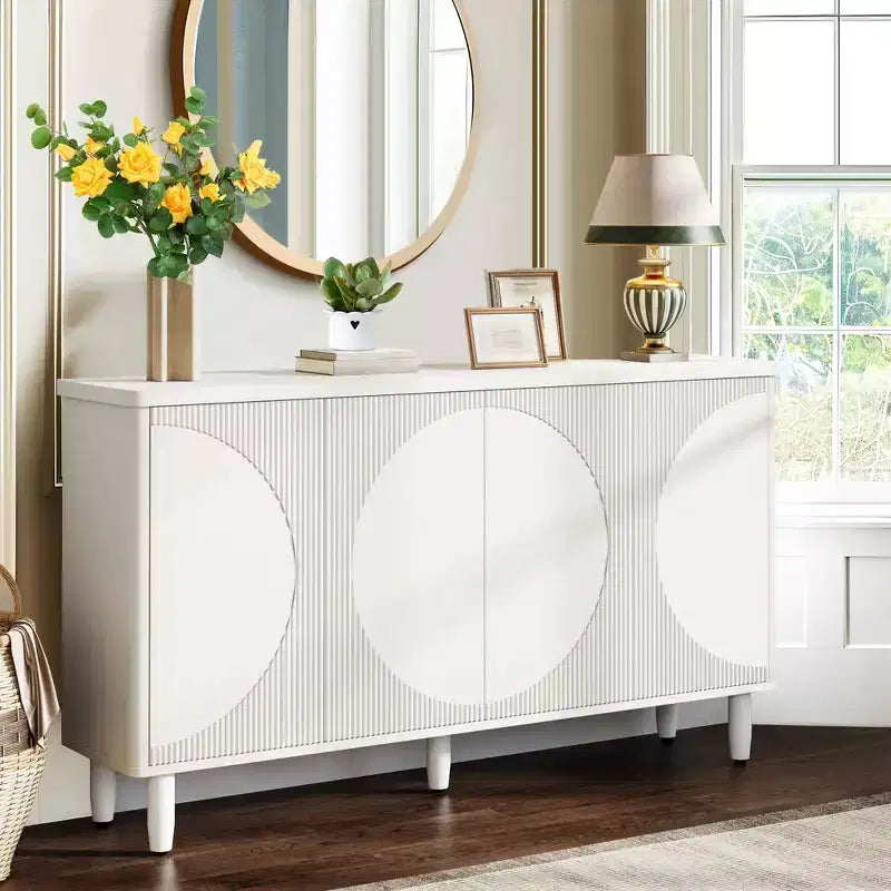 Modern White Sideboard Buffet Cabinet, Semicircle Design, 4-Tier Storage with Anti-Tip Device for Living Room & Kitchen